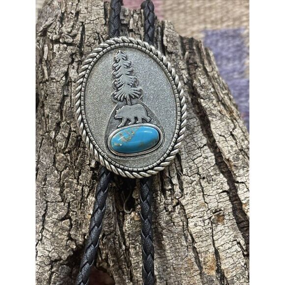 TURQUOISE BEAR SILVER BOLO LARIAT Y NECKLACE MENS WOMENS MOM DAD GIFT WESTERN - Picture 1 of 16